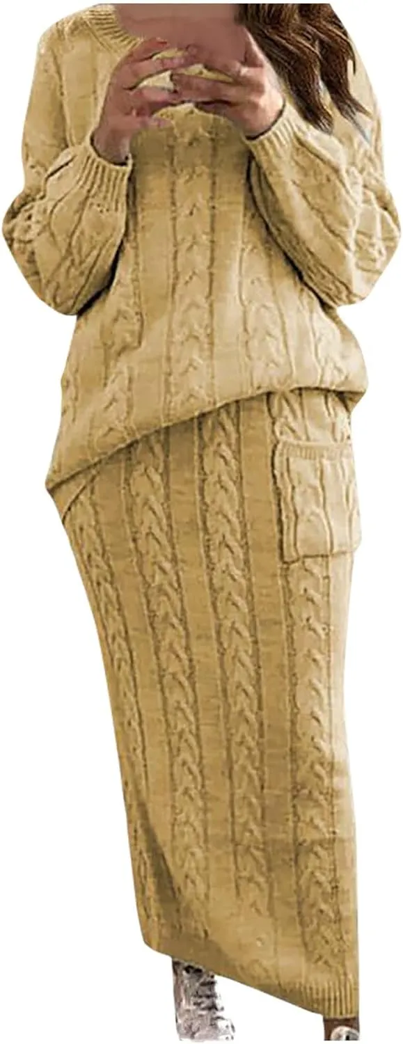 Women 2 Piece Outfits Knitted Sweater Tops and Long Skirt Turtleneck Long Sleeve Bodycon Dress Set Chunky Cable Knit