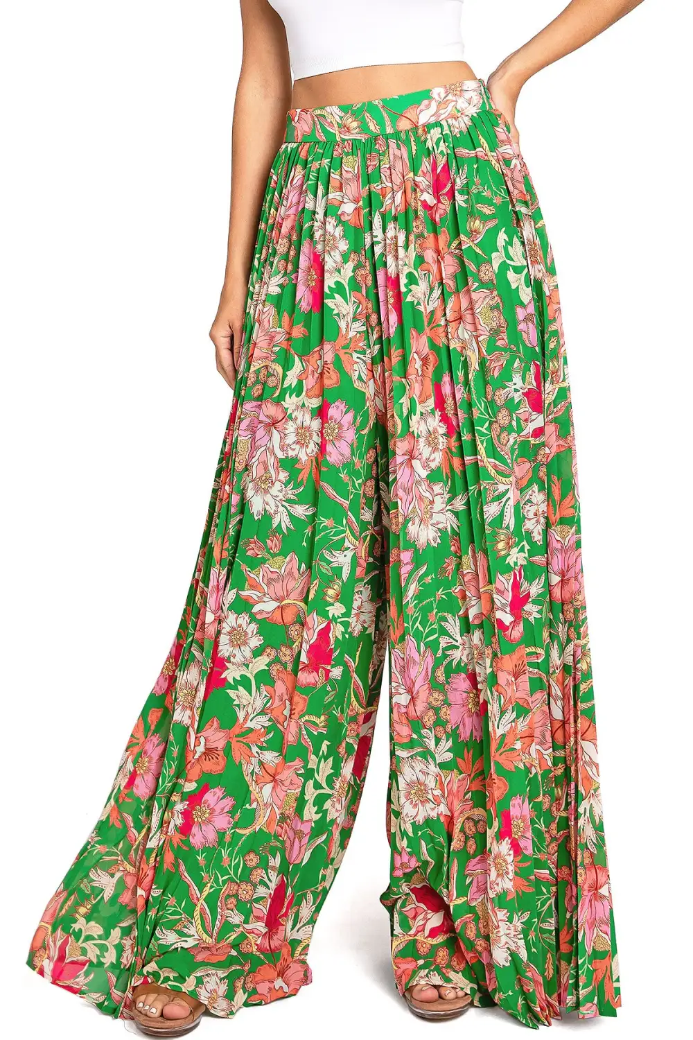 Green and Pink Floral Print Palazzo Pants
