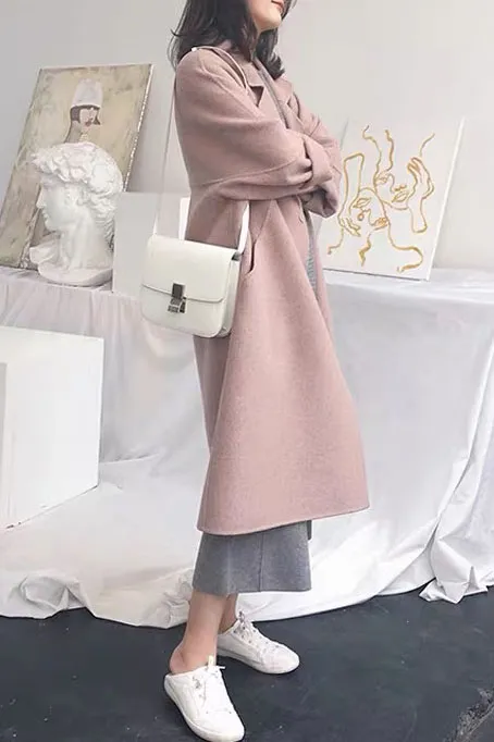 Solid Elegant Faux Woolen Lapel Coat
