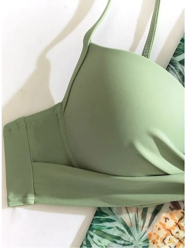 Women's Swimwear Bikini Three Piece Normal Swimsuit 2 Piece Open Back Sexy Printing Leaves Pink Blue Orange Green V Wire Bathing Suits New Vacation Fashion