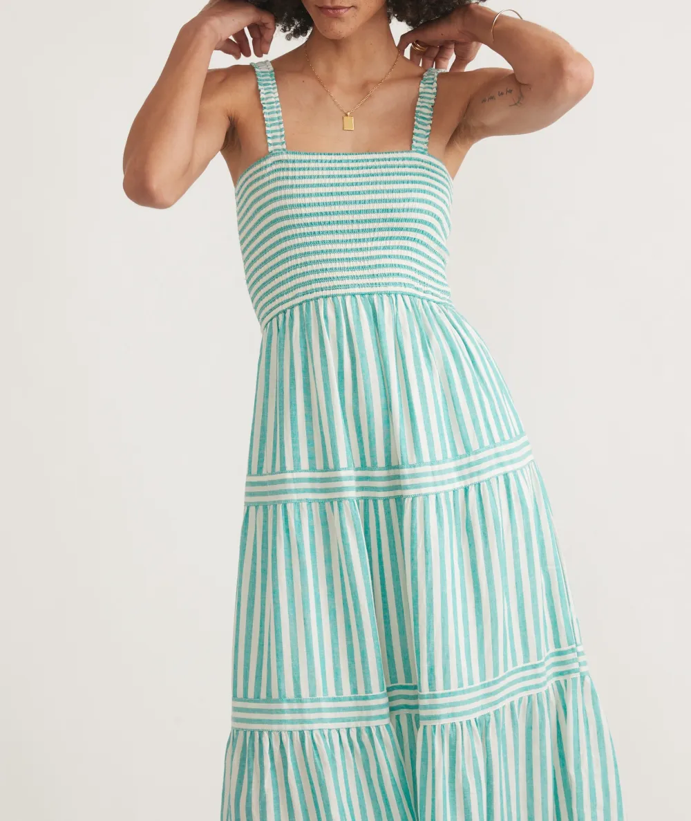 Turquoise Striped Tiered Midi Dress