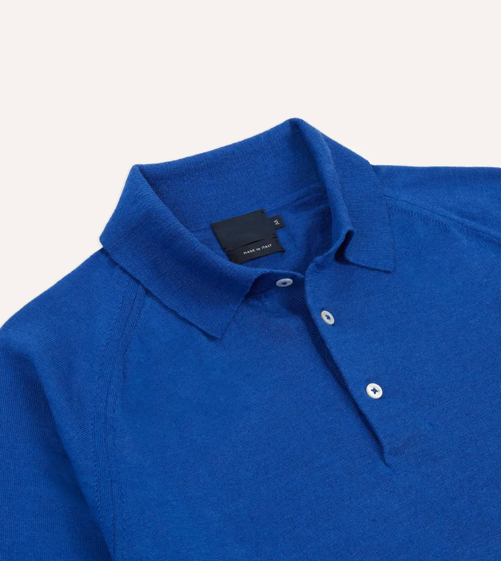 Blue Linen-Cotton Knitted Long-Sleeve Polo Shirt Elegant