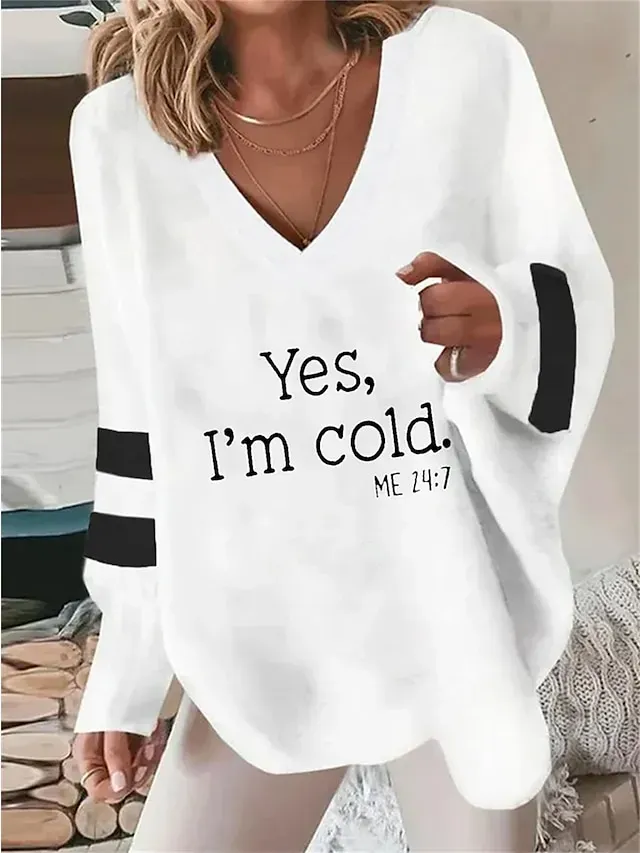 Women's T shirt Tee White Letter Print Long Sleeve Casual Basic V Neck Regular S