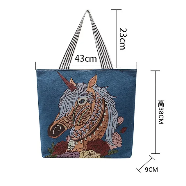 Women's Tote Shoulder Bag Canvas Tote Bag Oxford Cloth Shopping Daily Zipper Print Large Capacity Lightweight Durable Cat Flower Folk Butterfly Unicorn Black cat