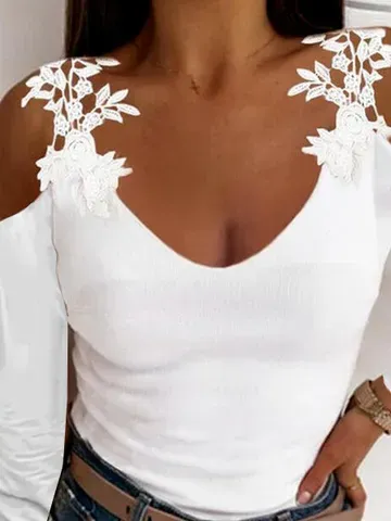 Casual Plain Cold Shoulder Long Sleeve T-shirt