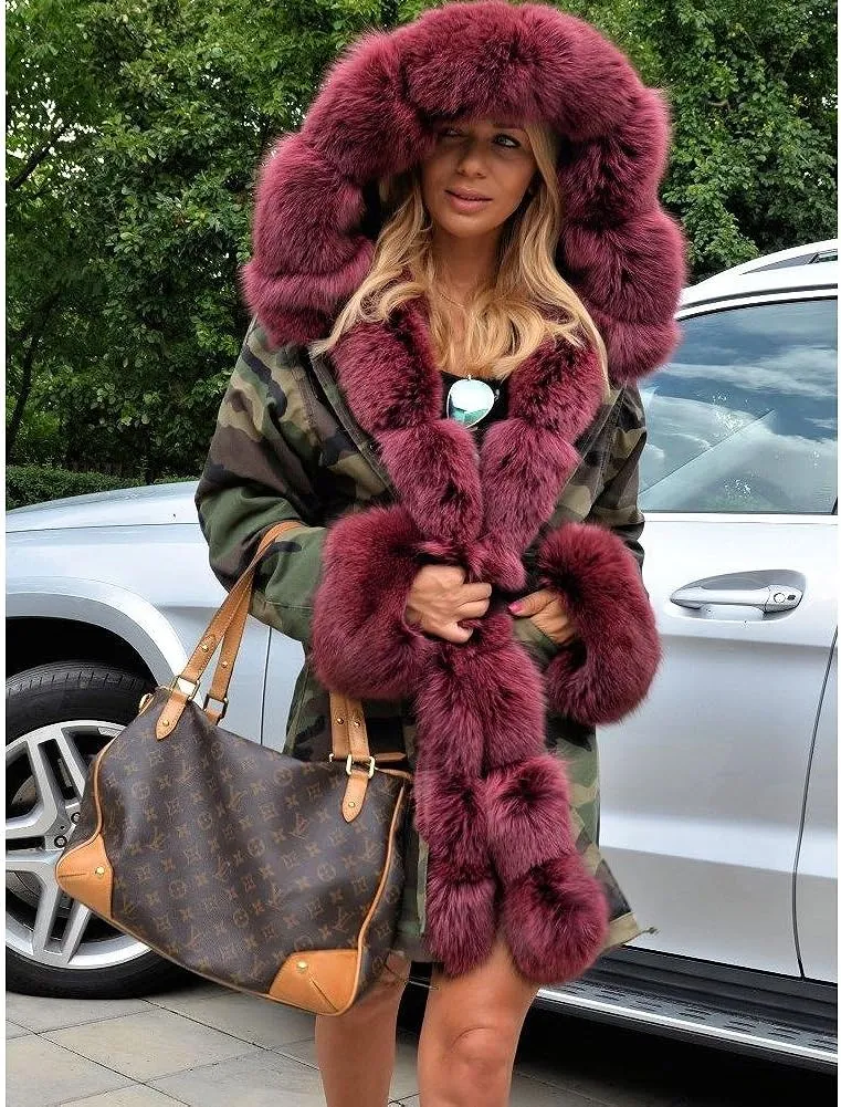 Womens Hooded Camouflage Warm Winter Coats Faux Fur Jacket Parka Overcoat
