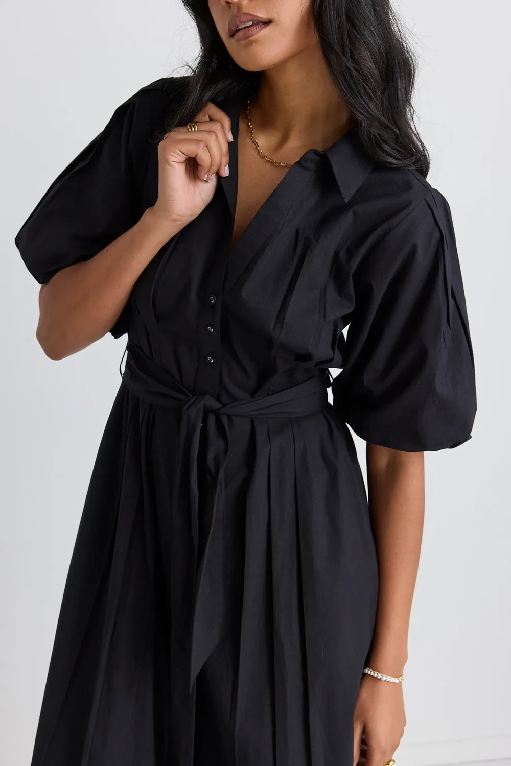 Black Puff Sleeve Collared Midi Dress