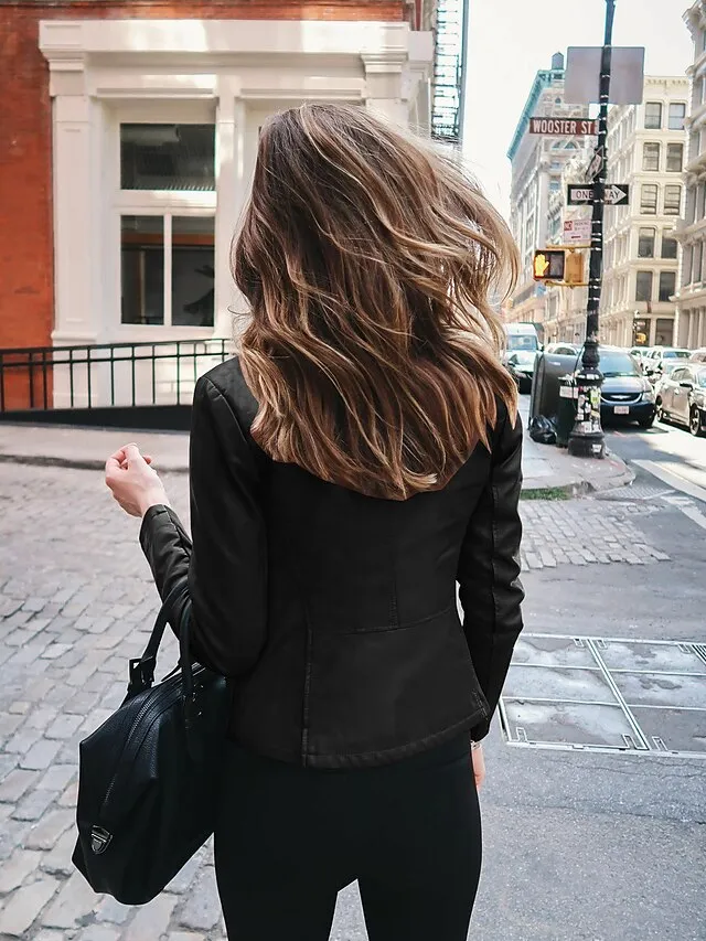 Women's Faux Leather Jacket Clean Fit Faux Motorcycle Moto Biker Coat Plus Size Short Zipper Jacket Light Pink Navy Wine Red ArmyGreen  Chic & Modern Street Fall Collarless Slim Fit S M L XL XXL XXXL