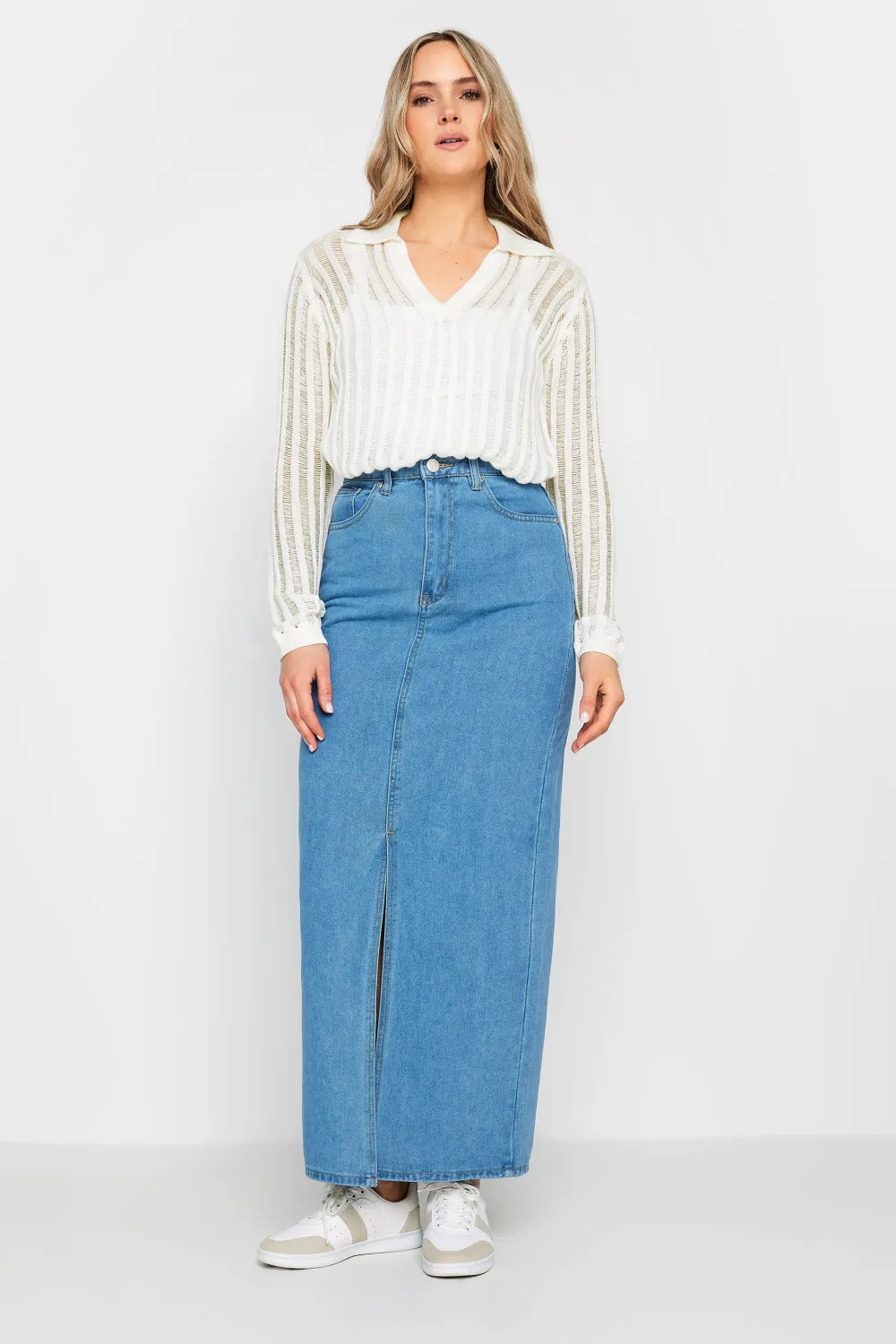 LTS Tall Ivory White Collared Crochet Jumper