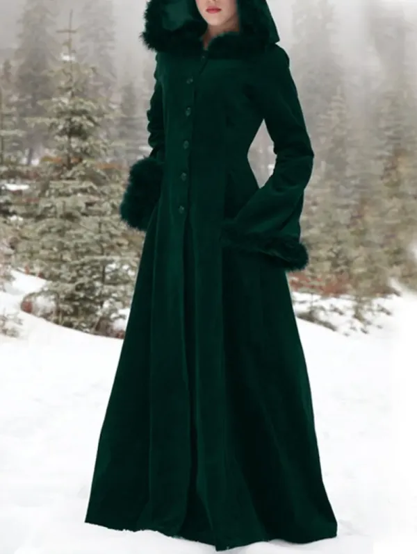 Christmas Flare Sleeve Fuzzy Cuff Cinch Waist Hooded Coat