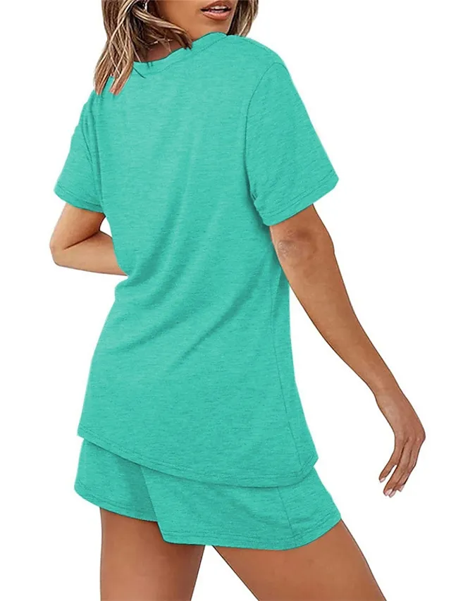 Women's Loungewear Sets Nighty 2 Pieces Pure Color Simple Comfort Home Street Cotton Crew Neck Short Sleeve T shirt Tee Shorts Spring Summer Green Blue