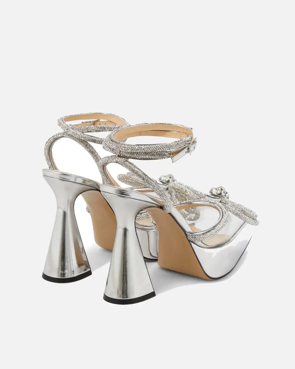 Crystal Bow Platform Flared Heels in Silver