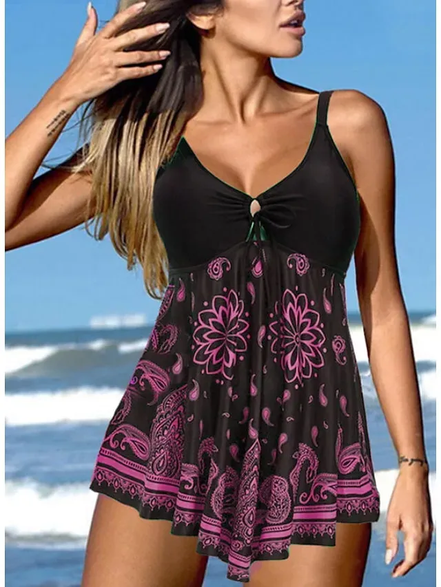 Women's Swimwear Tankini Swim Dress 2 Piece Normal Swimsuit 2 Piece Modest Swimwear Print Floral Print Black Purple Padded Strap Bathing Suits Sports Vacation Beach Wear