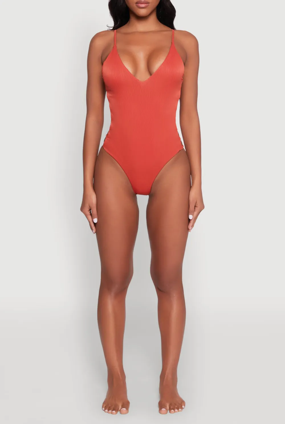 Deep V-Tie Shoulder Pad One-Piece Swimsuit