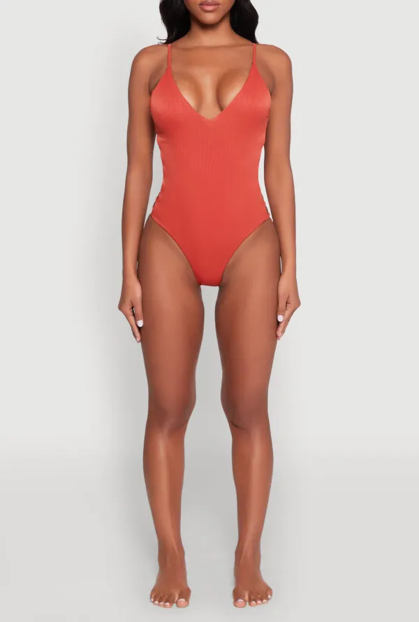 Deep V-Tie Shoulder Pad One-Piece Swimsuit