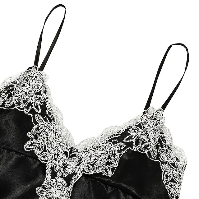 Women's Lingerie Pajama Sets 5 Pieces Satin Floral Lace Cami Top with Robe Nightgown Pants Pink Black Size XXL