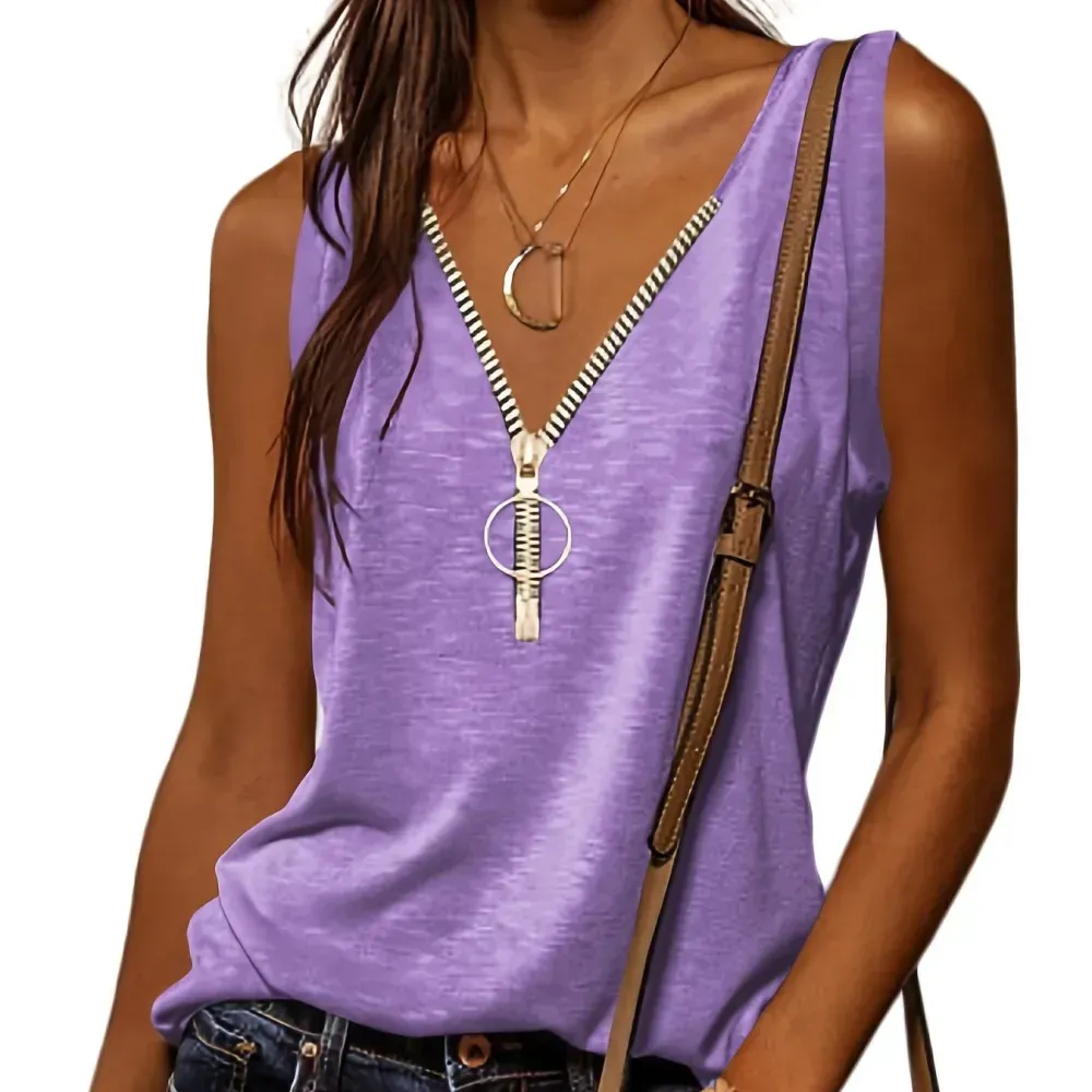 Casual V-neck Zipper Cami Top, Solid Fashion Sleeveless Loose Summer Fit Tank Top, Women's Clothing