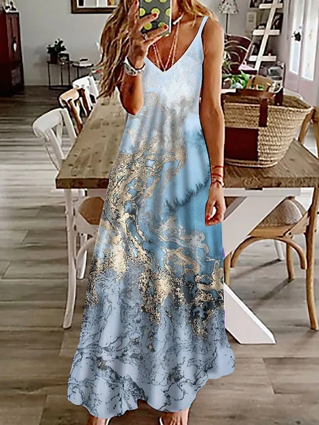 Women's Casual Dress Long Dress Maxi Dress Khaki Sleeveless Print Print Spring Summer V Neck Casual Weekend 2023 S M L XL XXL 3XL