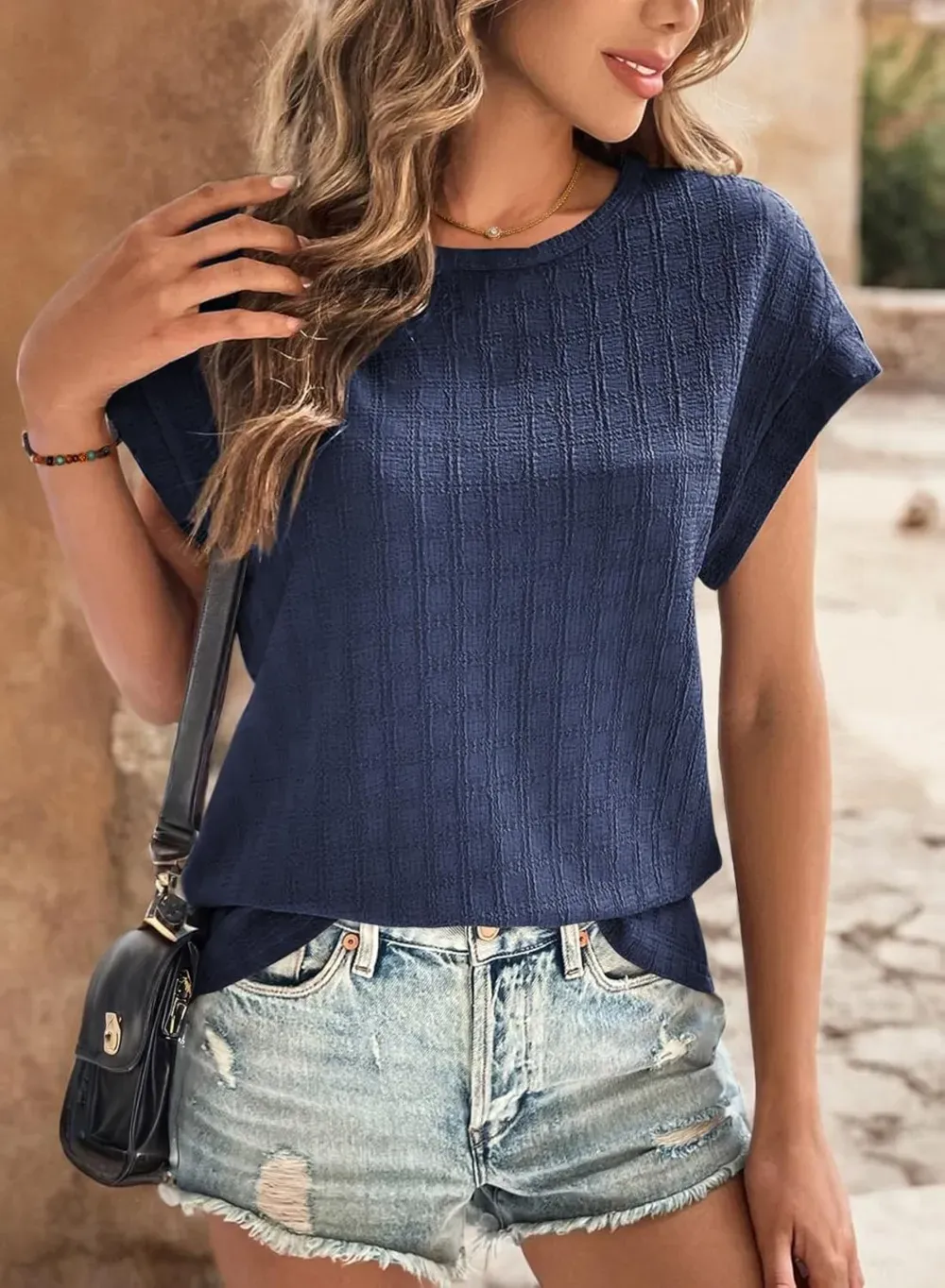 Dokotoo Tops for Women Trendy Summer Casual Cap Short Sleeve Basic Textured Solid Color Round Neck T Shirts Blouse