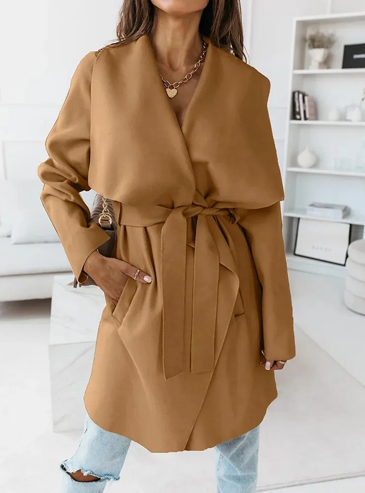 Solid Front Belt Long Sleeve Coat