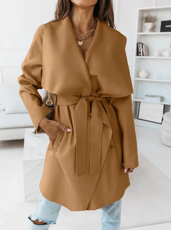 Solid Front Belt Long Sleeve Coat