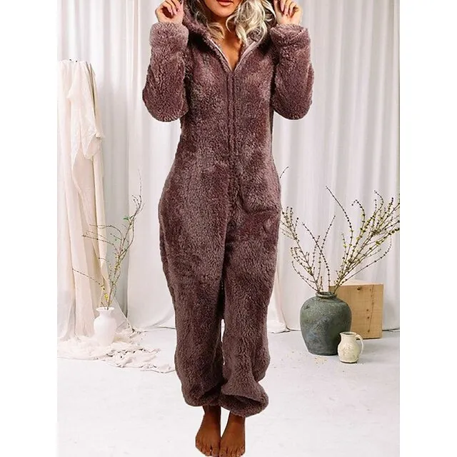 Women's Adult Onesies Onesie Pajamas Pure Color Plush Casual Comfort Home Daily Bed Polar Fleece Warm Hoodie Long Sleeve Fall Winter Light Pink claret