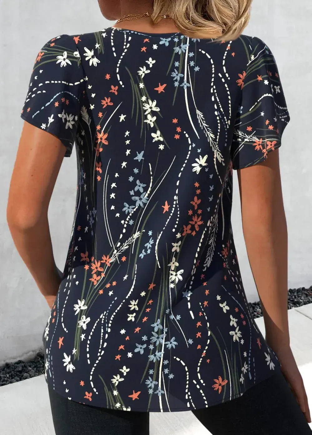 Navy Floral Print Short Sleeve V Neck T Shirt