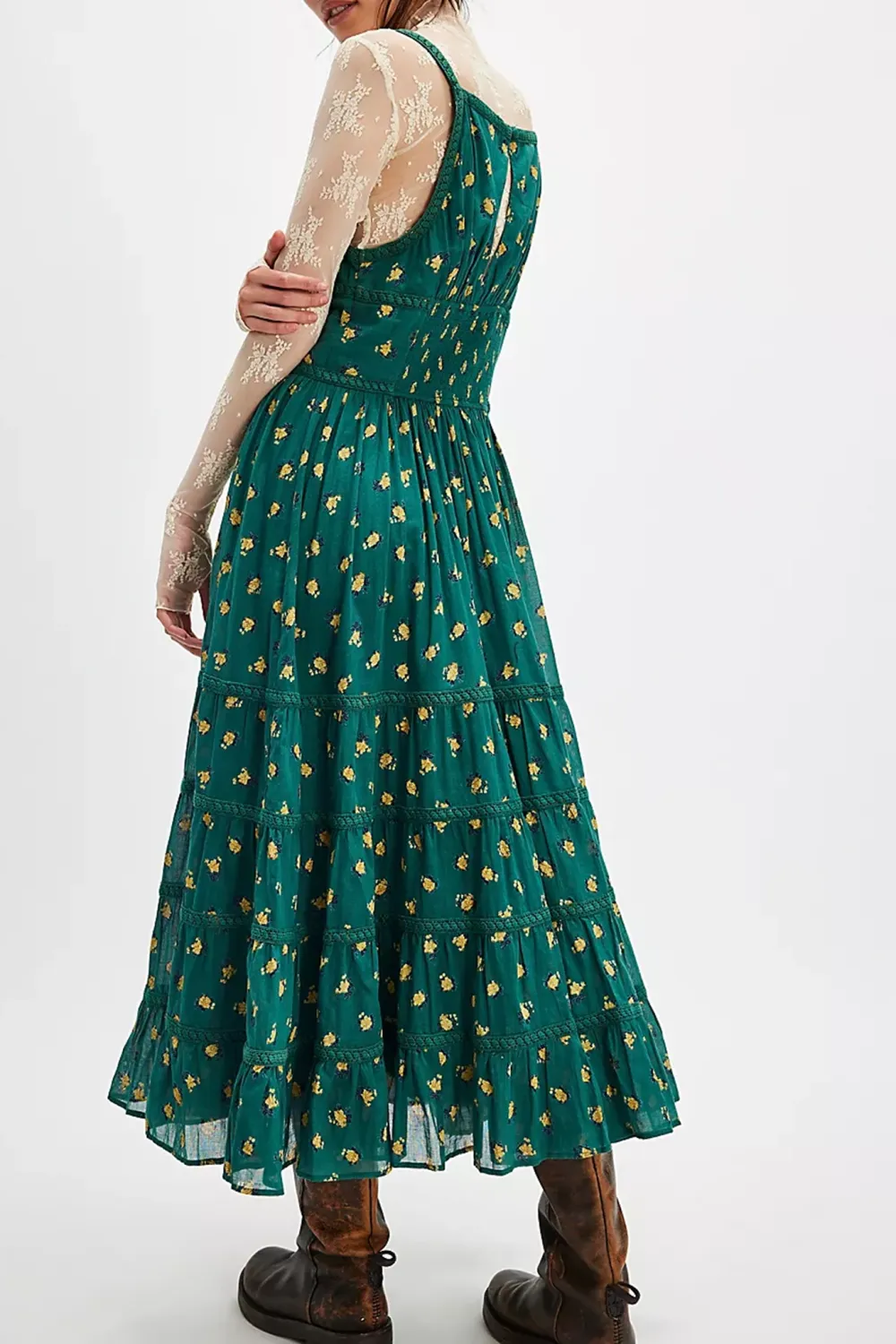 Long Sleeve Floral Print Tiered Midi Dress