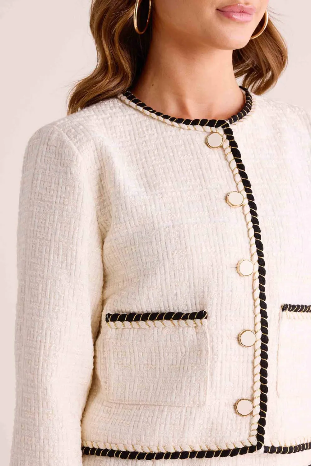 Beige Tweed Contrast Stitch Classic Cropped Jacket