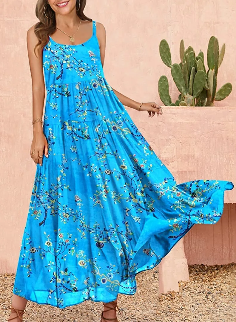 Summer Dresses for Women Casual Loose Bohemian Floral Dress with Pockets Spaghetti Strap Maxi Dress E75