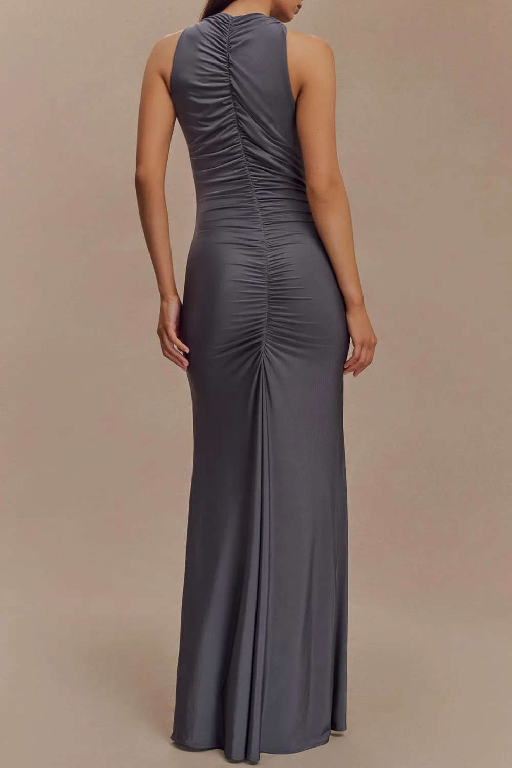 Slinky Ruched Halter Maxi Dress