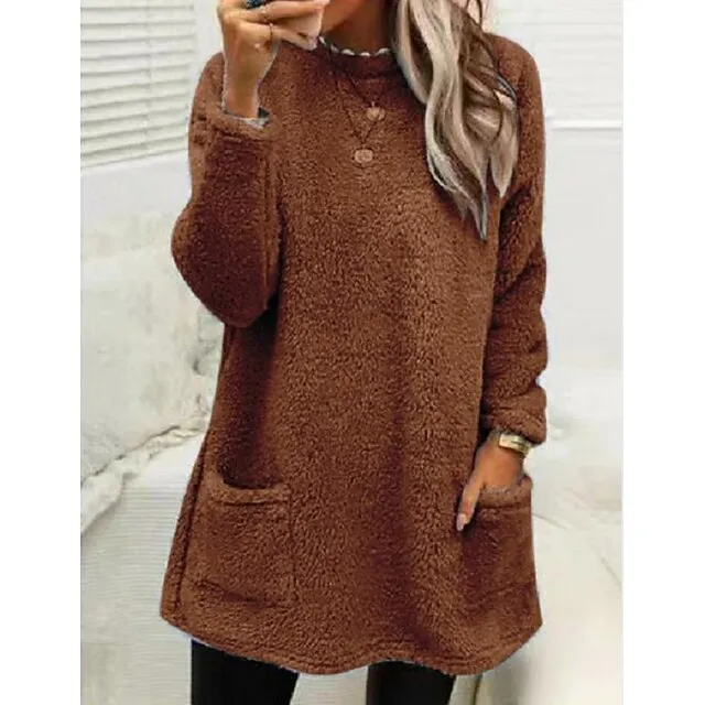 Women's Sweatshirt Pullover Sherpa Fleece Teddy Pocket Marron Black Blue Solid Color Street Casual Round Neck Long Sleeve Fleece S M L XL 2XL 3XL