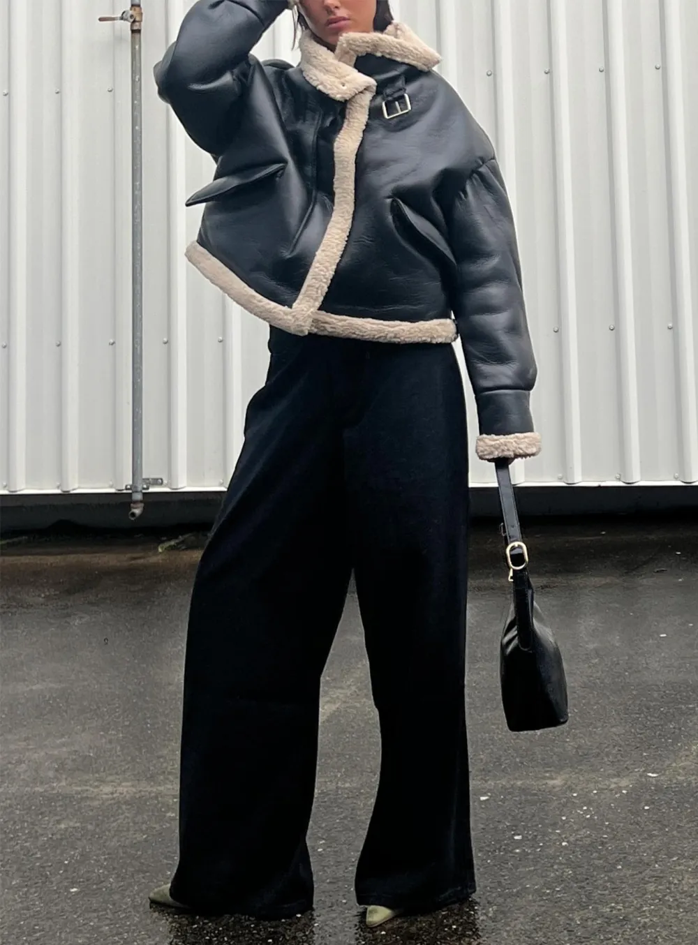 Black Faux Leather Jacket with Shearling Trim