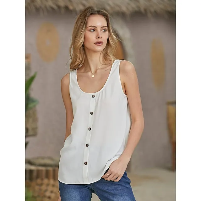 Women's ArmyGreen Black White Plain Sleeveless Daily Basic V Neck Regular S