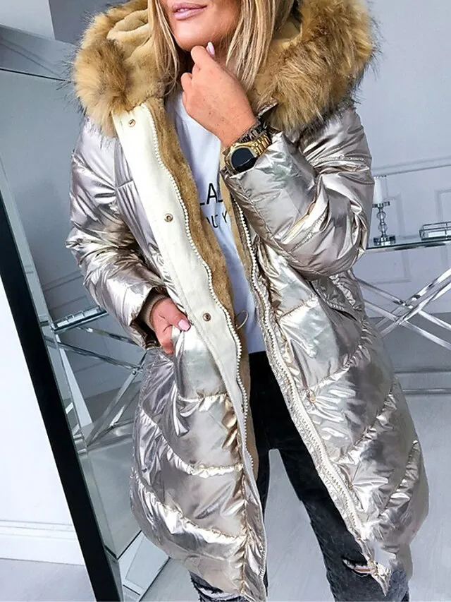 Women's Winter Jacket Parka Warm Breathable Daily Going out Pocket Fur Collar Fleece Lined Zipper Hoodie Active Simple Comfortable Solid Color Regular Fit Outerwear Long Sleeve Winter Fall Silver