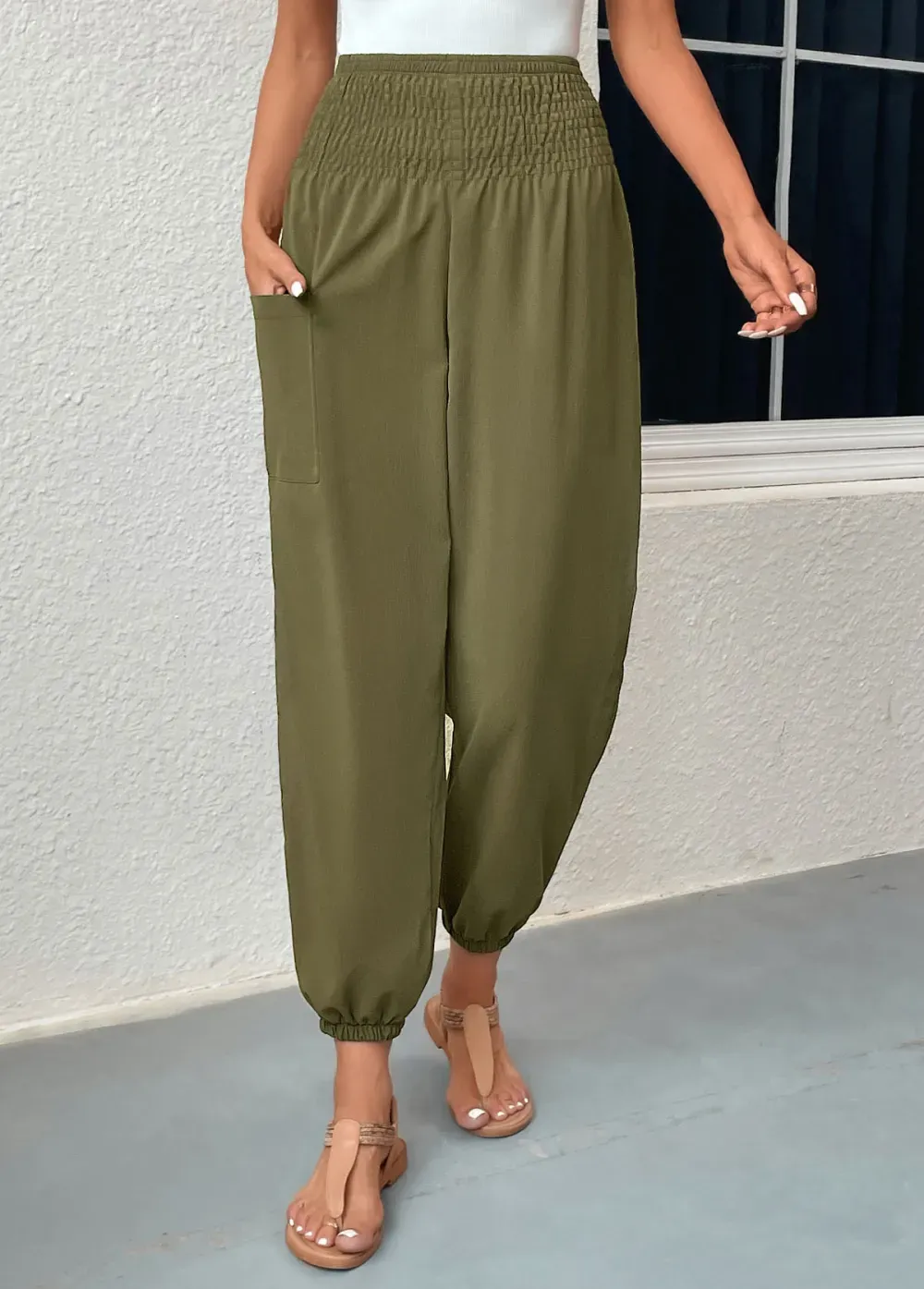 Blackish Green Smocked Regular Elastic Waist Pants