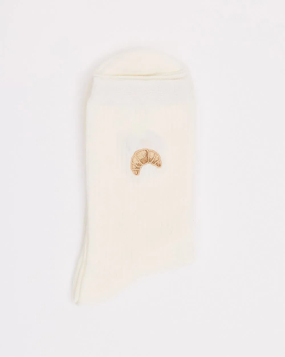 Ribbed Crew Socks With Croissant Embroidery