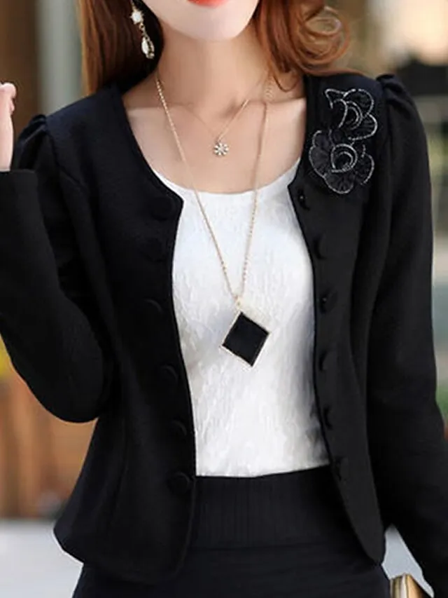 Women's Blazer Fall Short Bow Coat White Black Pink Fuchsia Elegant Street Spring Open Front Round Neck Regular Fit S M L XL XXL 3XL