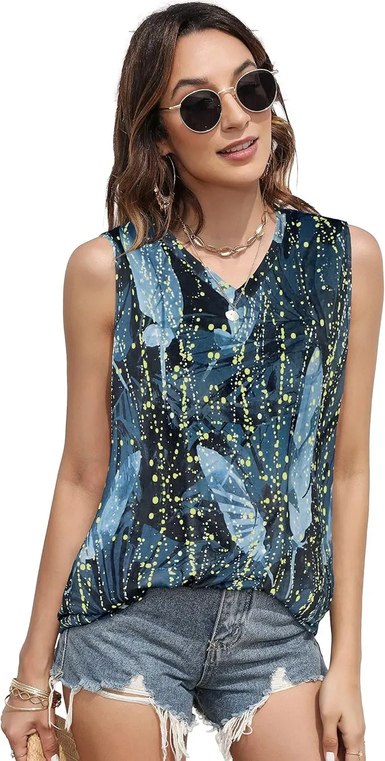 Summer Tops for Women Sleeveless V Neck Tshirt Loose Fit Casual Tank Tunic Blouse