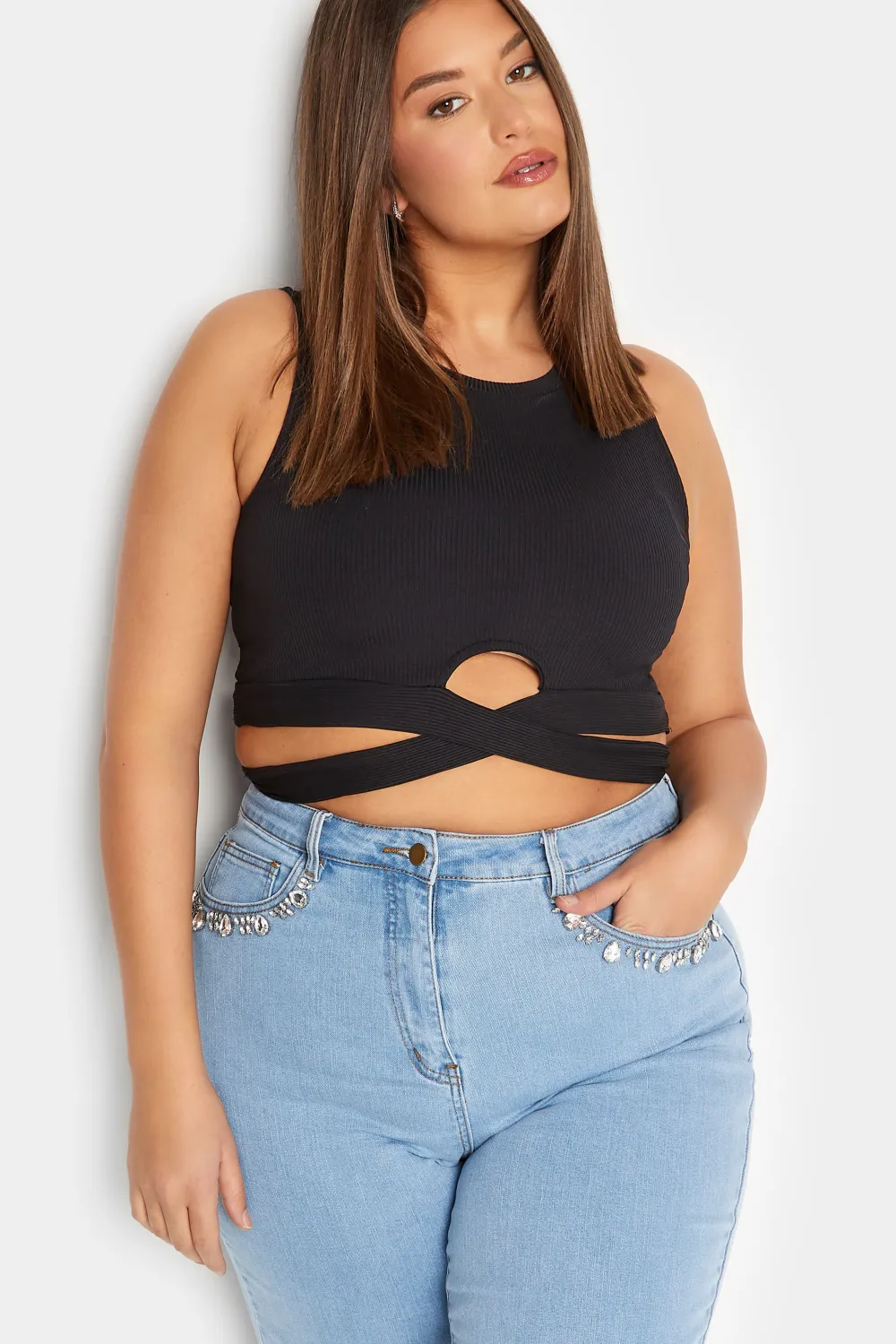 LTS Tall Blue Diamante Embellished Pocket UNA Stretch Mom Jeans