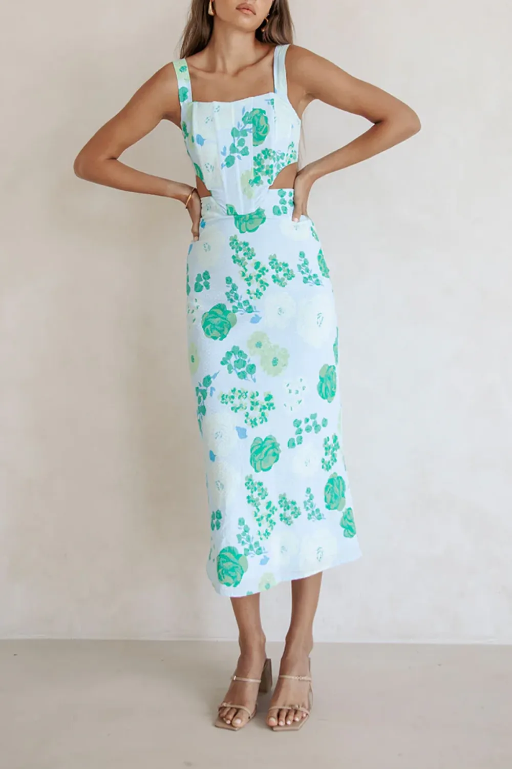 Square Neck Cut Out Floral Midi Dress