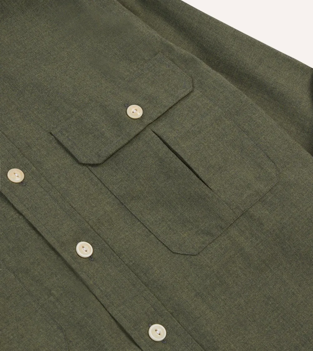 Khaki Green Button Front Cotton Flannel Two-Pocket Work Shirt