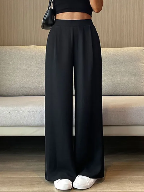Women's Dress Pants Wide Leg Maillard Trousers Full Length Pocket Baggy Micro-elastic High Waist Fashion Streetwear Work Street Black Blue M L Summer Fall