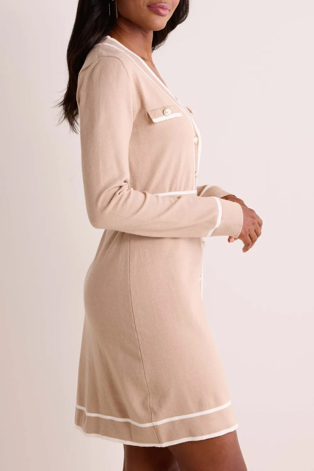 Beige Tie-Waist Contrast Trim Sweater Dress