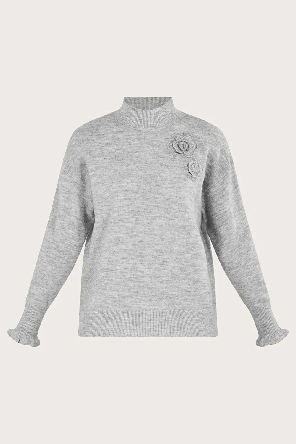 Grey Turtleneck Flower Embroidery Knit Top