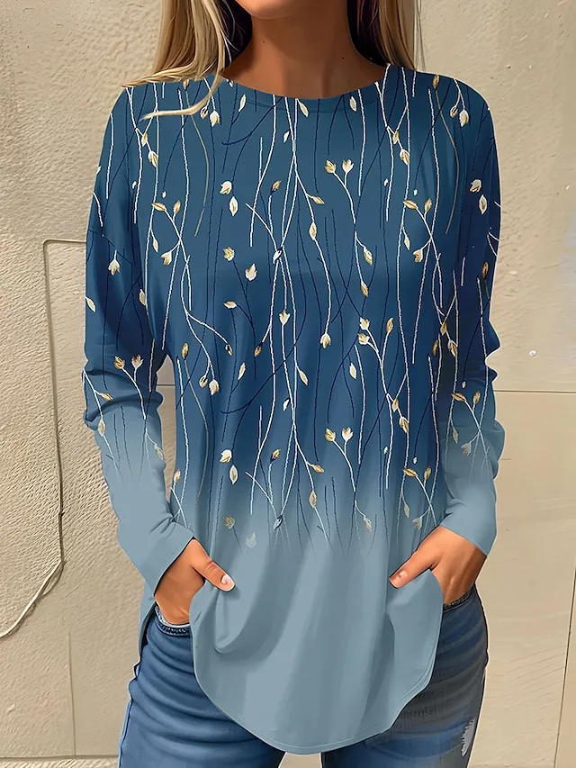 Women's T shirt Tee White Pink Red Floral Print Long Sleeve Holiday Weekend Basic Round Neck Regular Fit Floral Painting Fall & Winter