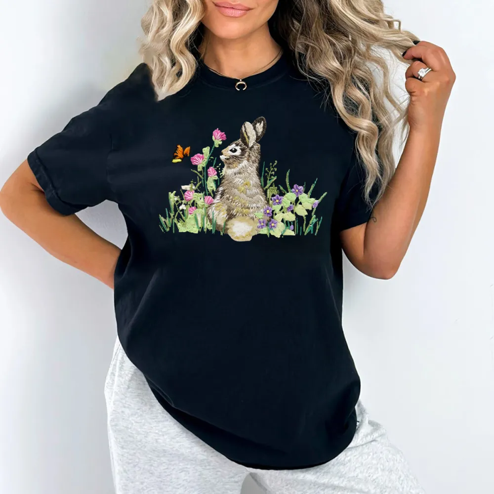 Easter Flowers And Bunny Printed Round Neck Short Sleeve T-Shirt
