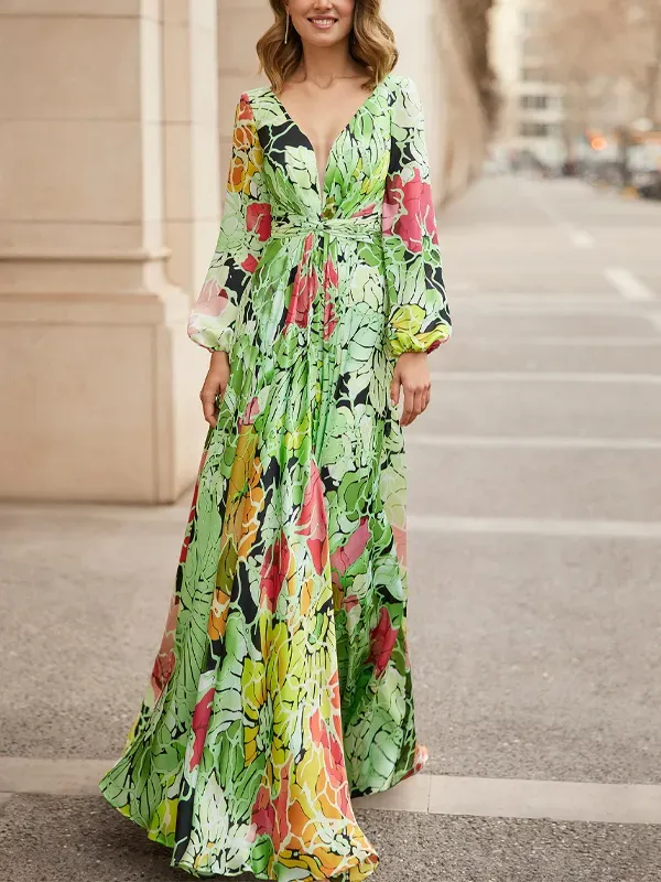 V-neck Long-sleeved Printed Maxi Dress