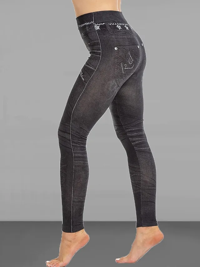 Women's Slim Pants Trousers Leggings Full Length Faux Denim Pocket High Cut High Elasticity High Waist Fashion Streetwear Street Causal Black Blue S M Summer Fall