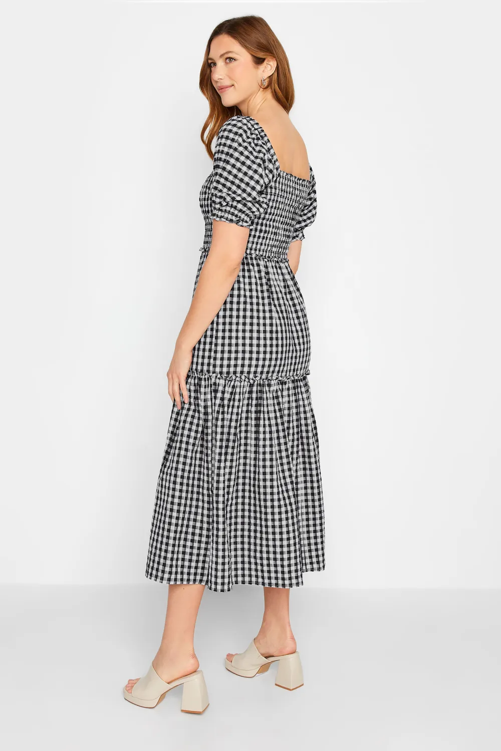 LTS Tall Black Gingham Shirred Midi Dress